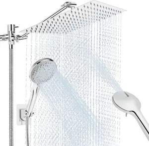 10" rain shower head with handheld spray, rainfall shower head with 11" Adjustable Extension Arm, 5 Settings Handheld, Includes Holder/Hose,Built-in Power Wash, Dual Rainfall Shower Head, Chrom