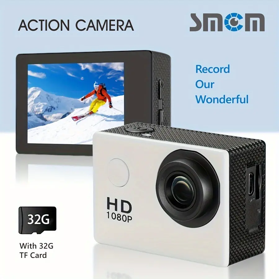 Waterproof Action Camera, Portable Camera, 1080P HD LCD Video Wide Angle Sports Camera with 32GB Memory Card & Waterproof Case, Outdoor Cycling Camera