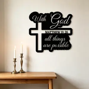 1 piece of 'With God All Things Are Possible' Metal Wall Art, Dining room wall art - cursive design with a cross, perfect for home, living room, bedroom, kitchen, Religious Home Decor - Bible verse Matthew 19:26 wall hanging, metal wall art decoration