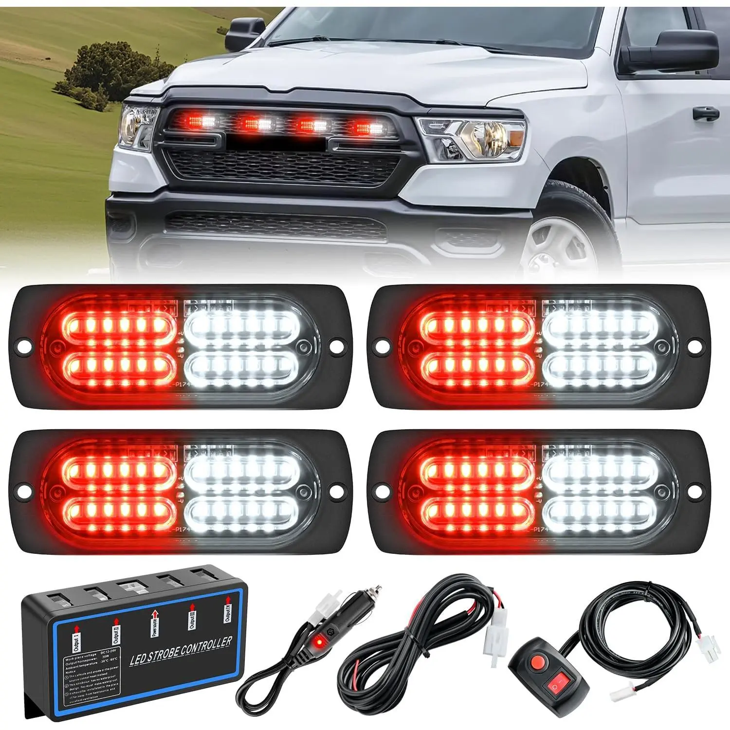 Nilight 4PCS 24LED Double Row Strobe Flash LED Bar Lights - 12V-24V Sync Mode, Red White, Aluminum Base, Safety Alerts, Surface Mount Working Lights with Plug/Wire Controller for Trucks, ATVs, Led Bar Light