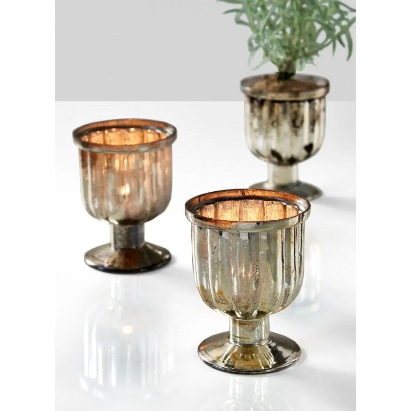 Antique Mercury Glass Pedestal Votive Holder, 3.25"D x 4.25"T