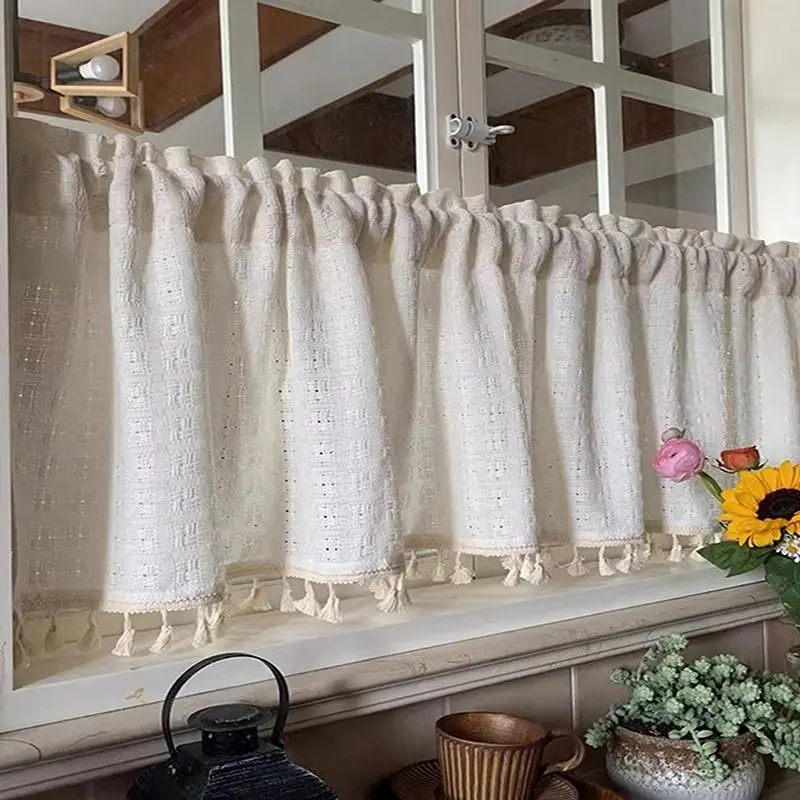 Solid Color Lace Curtain, Modern Simple Window Curtain, Tassel Decor Curtain, Net Curtain Window, Window Screening for Home Living Room Bedroom, Home Decor Supplies, Home Decorative Curtain, Curtains And Nettings