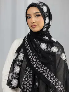 Women's Fashion Embroidered Long Hijab Modesty Scarf, Casual Ditsy Floral Headwrap, Sun Protection for Beach, Travel, Gifts, Turban Hijab