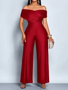Summer Casual Elegant Women's Solid Jumpsuit, Nightclub Jumpsuit, Sleeveless High Waist Wide Leg Long Pants, Fashionable Cross Chest Design, Trendy Summer, Lady Womenswear