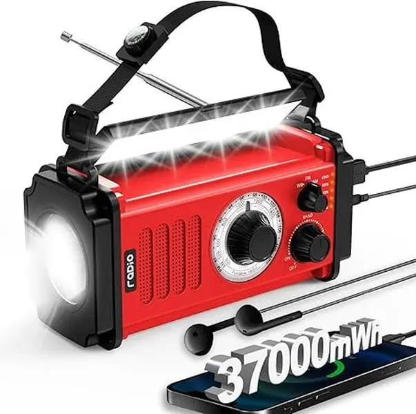 37000mWh Emergency Radio - Hand Crank Solar Powered Rechargeable Radio with AM/FM/NOAA Weather Alerts, USB Port, SOS Alarm, Flashlight, Reading Lamp, USB Charger, Headphone Jack, ABS Build, Family Companion for Outdoor Survival, Winter Storm