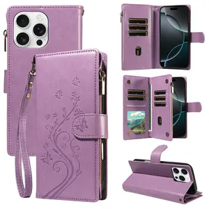 Magnetic Wallet Case for iPhone 16 Pro Max/15 Pro Max/14/13/12/11, Card Holder with Lanyard, Press Money Bag Design, Durable Material
