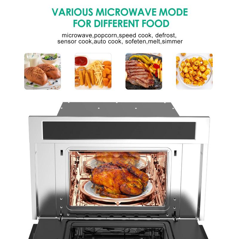 GARVEE 30’ Built-In Microwave Oven with 1.6 Cu.Ft Capacity, Air Fryer, Drop Down Door, 3D Surround Heating, Touch Control, and Safety Lock for Versatile Cooking