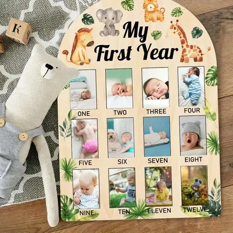 Wooden Baby Milestone Board, Milestone Signs, 1 Count Jungle Animal Pattern 12 Months Newborn Milestones Growth Photo Display, Wall Hanging 1st Birthday Party Decor, Wood Sign Products