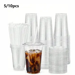 5/10pcs Transparent Plastic Cups with Lids, Disposable Tableware, 5/10pcs, Ideal for Ice Coffee, Smoothies, Milkshakes, Perfect for Weddings, Parties, Graduations, Party Supplies