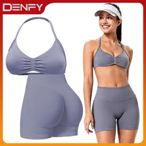 DENFY Two-Pieces Suit Impact Strappy Bra&Impact Shorts Fitness Yoga Sports Women Activewear Gym Outdoor Tank Tops Hidden Scrunch Butt Lifting Gymwear Shorts Womenswear