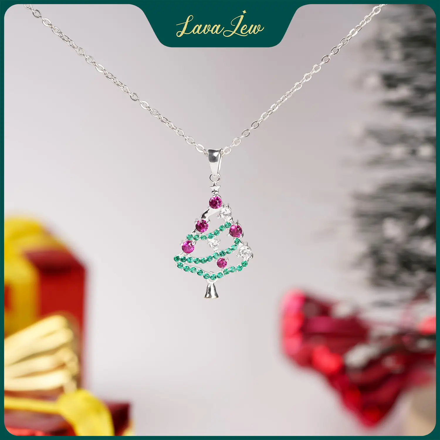 LavaJewelry Traditional Christmas Tree Necklace, 925 Sterling Silver Colorful CZ, Necklace for Woman and Girls, Christmas Jewelry Gifts for Families, Friends