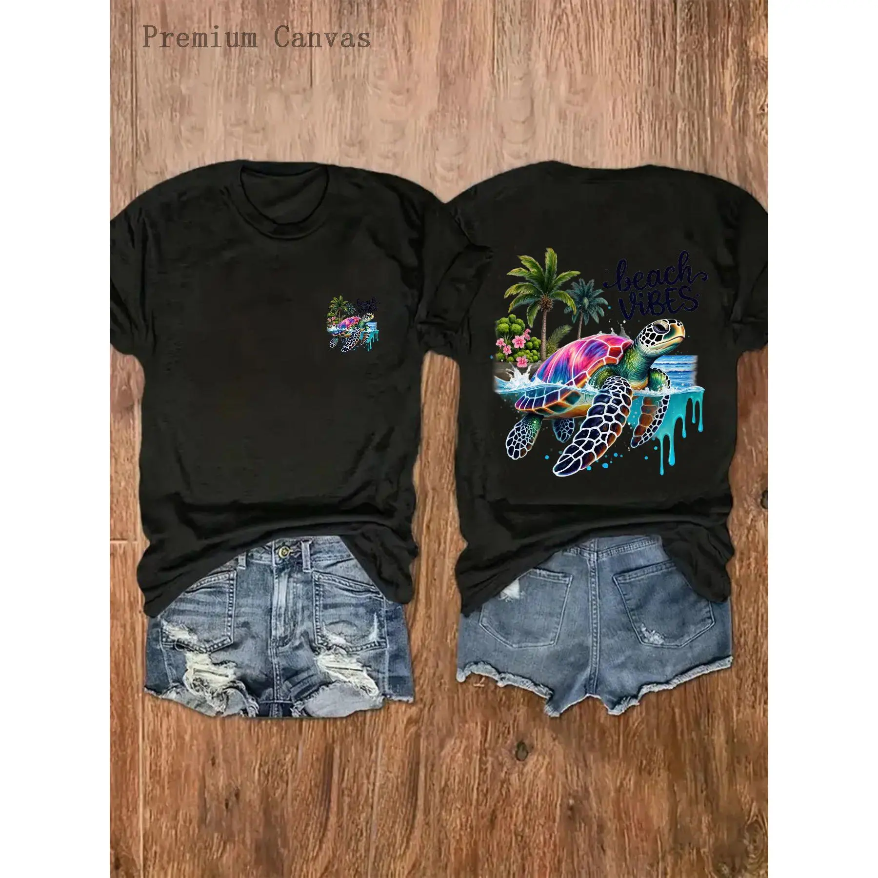 Women's Short-Sleeve Round Neck T-Shirt - 1Pc 100% Soft Breathable Bohemian Printed Top with Sea Turtle Graphic, Casual Beach Vacation Wear, Tshirt