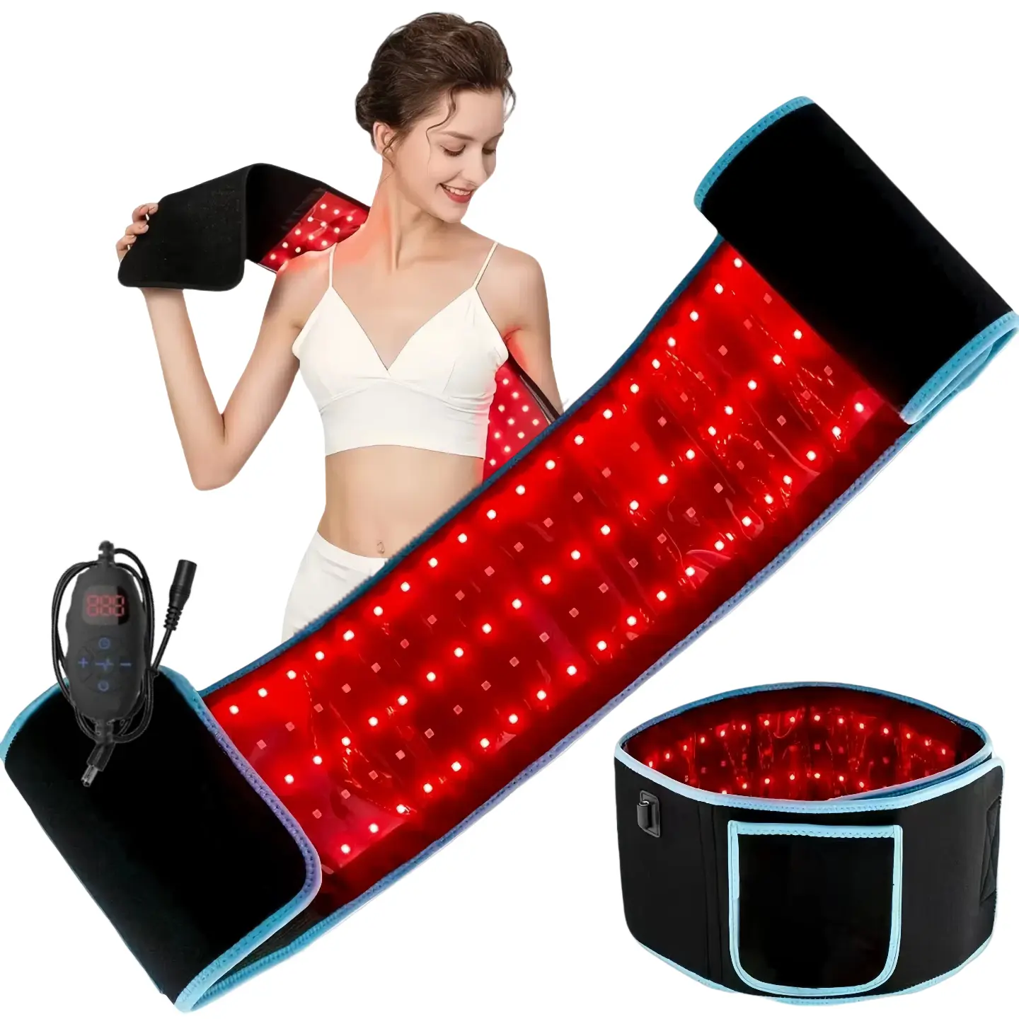 Dual wavelength LED body wrap belt, wearable large pad for waist, back, and stomach for daily use, 660 nm/850 nm light accessory with controller