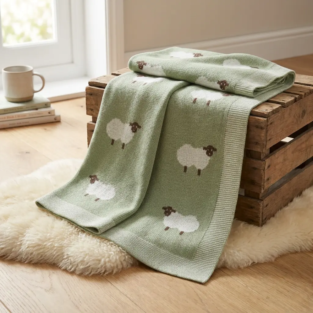Soft Knit Baby Blanket, Sheep & Love Heart Pattern, Cozy Nursery Blanket, Cute Stylish Baby Bedding, Lightweight Sleeping Blanket for 6–9 Month Old Babies, Perfect Newborn Gift, Soft Kids Blanket, Crochet Style Baby Blanket