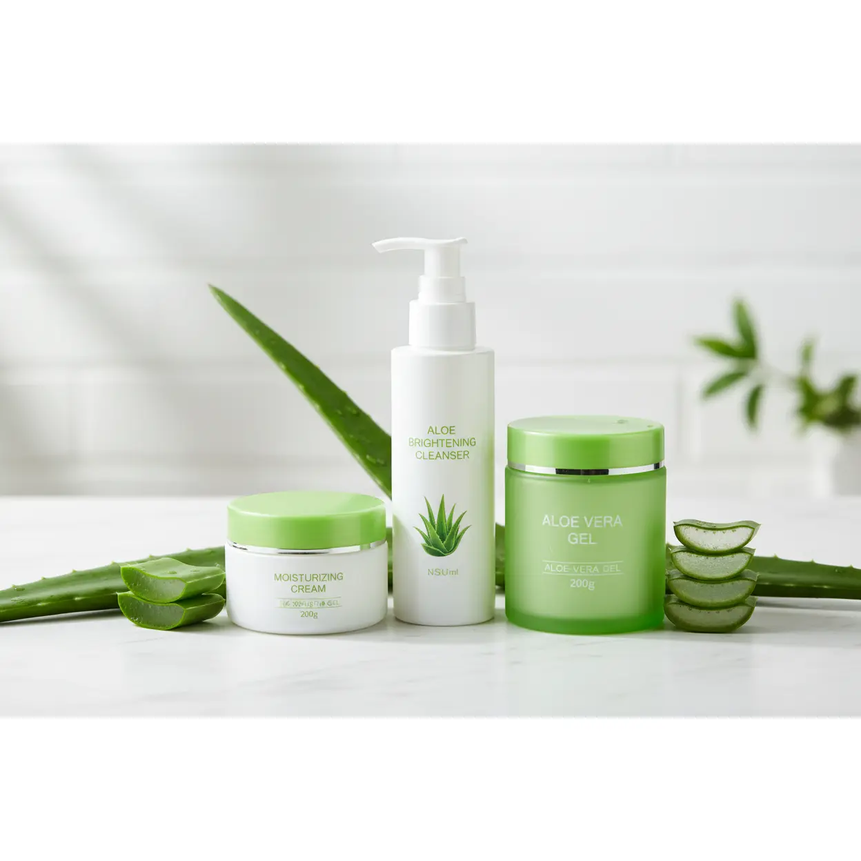 Basic Aloe Brightening Skin Care Set - 4 Pieces (Cleansing, Lightweight Moisturizer, Cream, 200G Aloe Vera Gel) - Moisturizing, Hydrating, Skin Repair Skincare Kit