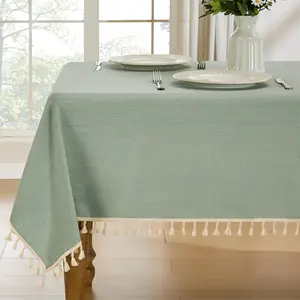 Sage Polyester Tablecloth, Thick Heavyweight Textured Fabric, Handmade Tassels, Farmhouse Rustic Style, 90x90/140x180/140x220/140x260 Cm