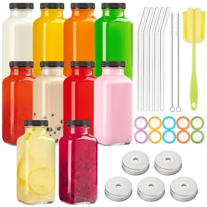 10 Pack 12 oz Glass Juice Bottles with Lids, Reusable Glass Bottles for Juicing, Water, Kombucha - Square Smoothie Cups Drinking Jars Juice Containers
