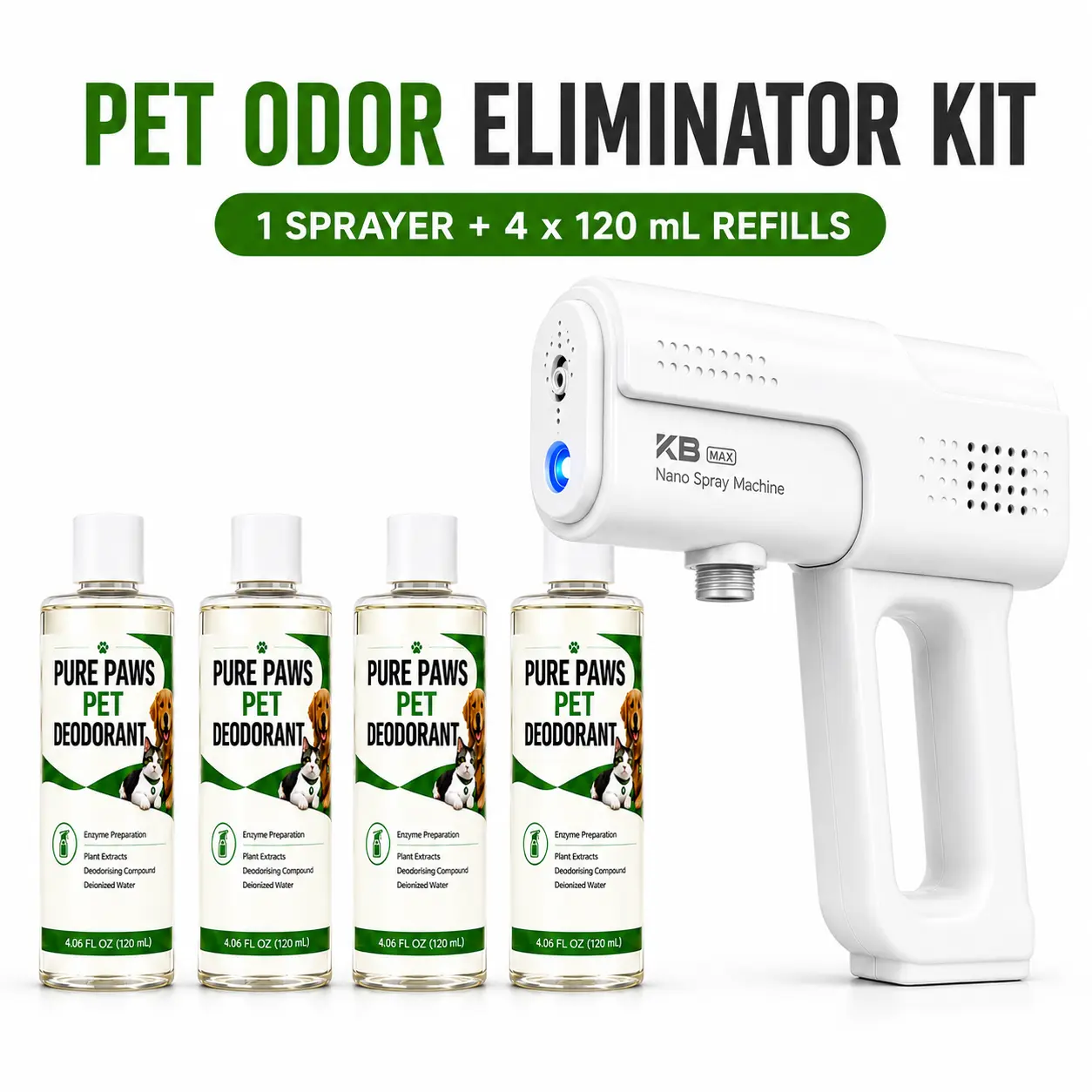 Pet Odor Eliminator Spray Kit with 4 x 120 mL Refills, Bio-Enzyme Formula, Fine Mist Sprayer for Pet Areas, Bedding, Carpets & Home
