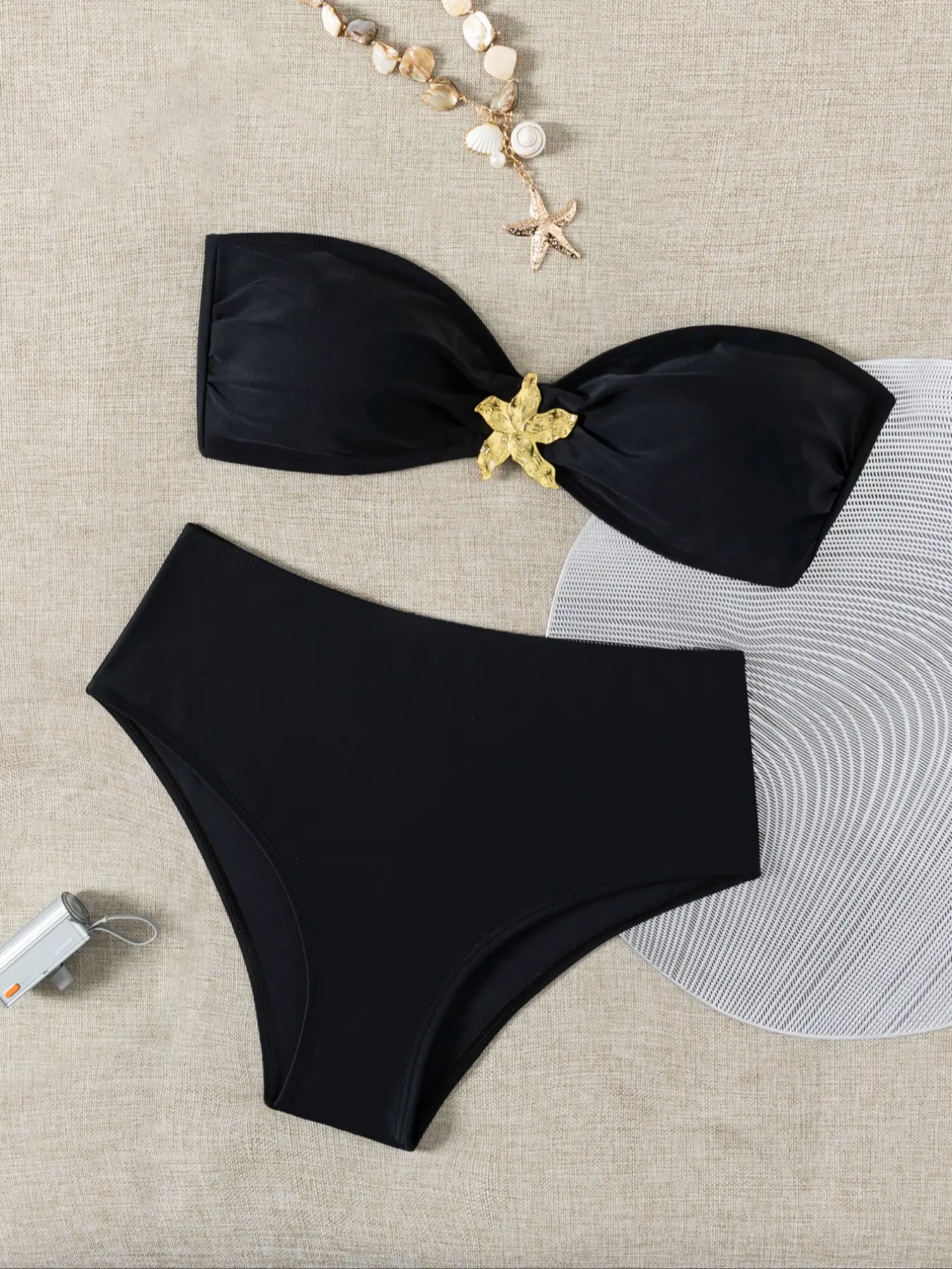 Women's Two-Piece Bikini Set, Plain Color Strapless Design, Metal Flower Accents, Trendy Swimwear for Women, Perfect Beach Wear, Bandeau Swim Top, Bikinis Set, Bikini Swimsuits, Fashionable Swimsuit, Fashion Beachwear Swimwear