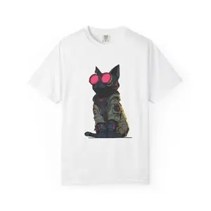 Men's Cyberpunk Goggles Cat Print Soft Cotton Knit Short-Sleeve T-Shirt - Menswear Apparel with Relaxed Fit, Retro Futuristic Feline Graphic, Casual Style