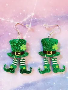 1 Pair St Patrick's Day Lucky Four-Leaf Clover Boots Earrings, Acrylic Pendant with Stainless Steel Fish Hook, Shiny High Top Hat Design