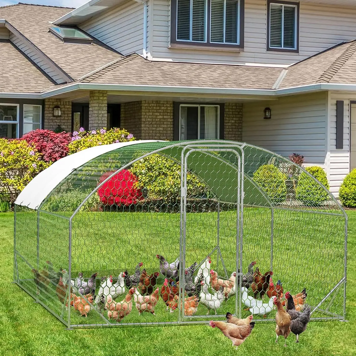 Large Metal-Frame Chicken Coop - Walk-In Poultry Enclosure, Weather-Proof Cover, Lockable Doors, Outdoor Run for 12-20 Chickens, Geese Compatible