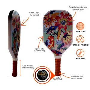 Raw Carbon graphite Figureology Pickleball paddle 16 mm  Sand Painted Surface to Create Maximum SpinElongated power paddle with poppy 14mm core, 5" handle.
