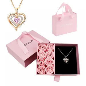 Gift Box with Soap Flower & Heart Pendant Necklace, 1 Box Creative Square Gift Box with Handle, Birthday Wedding Engagement Gifts for Women & Girls, Valentine's Day Gift，Mother's Day Gift，Christmas Gifts, Beautiful Gift Box
