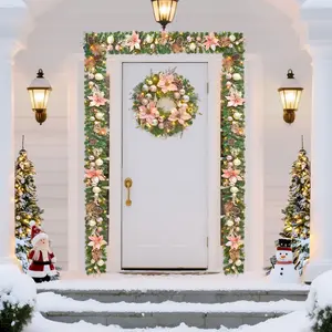 9FT Battery Operated Prelit Christmas Garland – 40 LED Lights, Poinsettias & Ornaments, Indoor/Outdoor for Mantle, Stairs, Railing & Fireplace