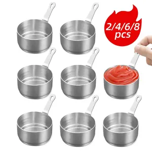 4/6/8pcs 304 Stainless Steel Dipping Sauce Dishes with Handle, 2.7oz Reusable Sauce Cups, Brushed Metal Finish, Small Dressing Container for Ketchup, Seasoning, Soy Sauce, Vinegar, Butter, Commercial Grade for Restaurant, Dinner Party, Serving Bowls