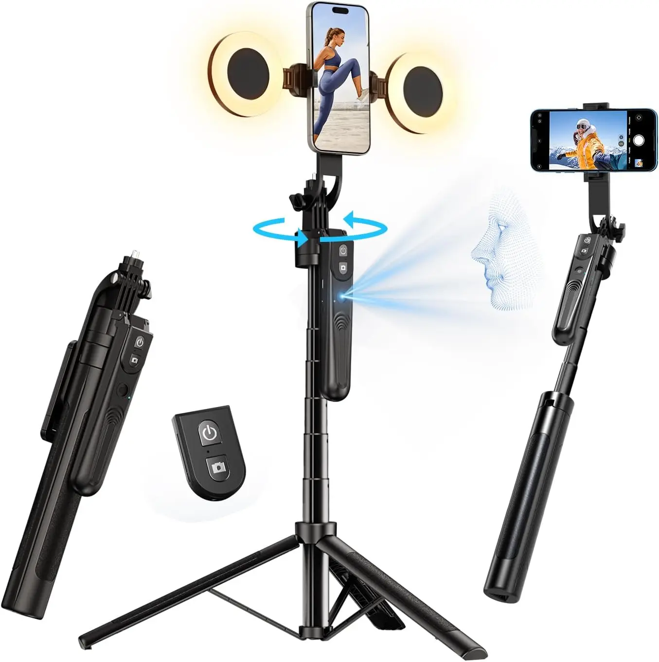 70.9" Auto Face Tracking Selfie Stick Tripod for Iphone with Light, No App, 360° Rotation Tripod That Follows Your Movement with Remote Control for Vlog/Live Stream/Video Recording yAyusi