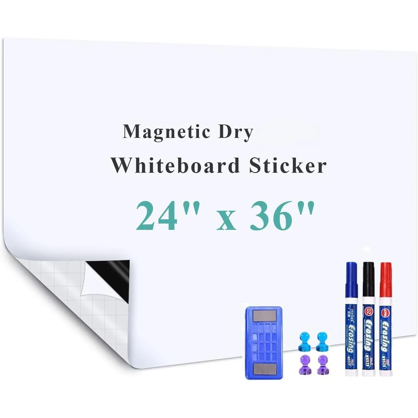 White Board Adhesive Contact Paper, 24" x 36" Stick on  Whiteboard Roll, Dry Erase Board for Wall, Easy to Write and Clean  Board for , Office, , with Marker, Eraser