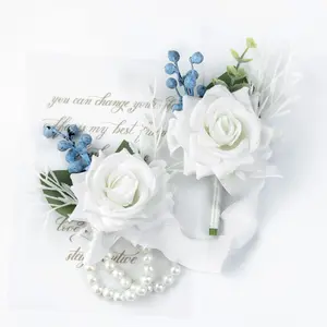 Wrist Corsage Wristlet and Boutonniere for Wedding Bridesmaid Mother Grandmother for Bridal Shower Wedding Artificial Roses Flower Prom Set of 2 (White)