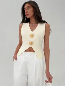 Women’s Sleeveless Knit Vest Top with Gold Statement Buttons – V-Neck Tailored Fit with Asymmetrical Hem for Effortless Elegance Chic Oversized