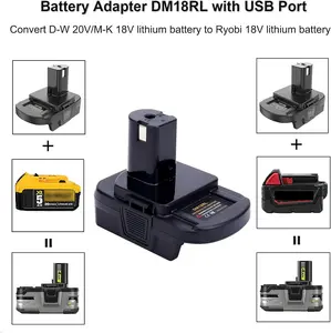 Battery Adapter DM18RL | for Dewalt Convert to for Ryobi Battery | for Dewalt 20V/18V for Milwaukee 18V Lithium Battery Converter to for Ryobi 18V ABP1801 P108 Lithium-ion Battery | with USB Port