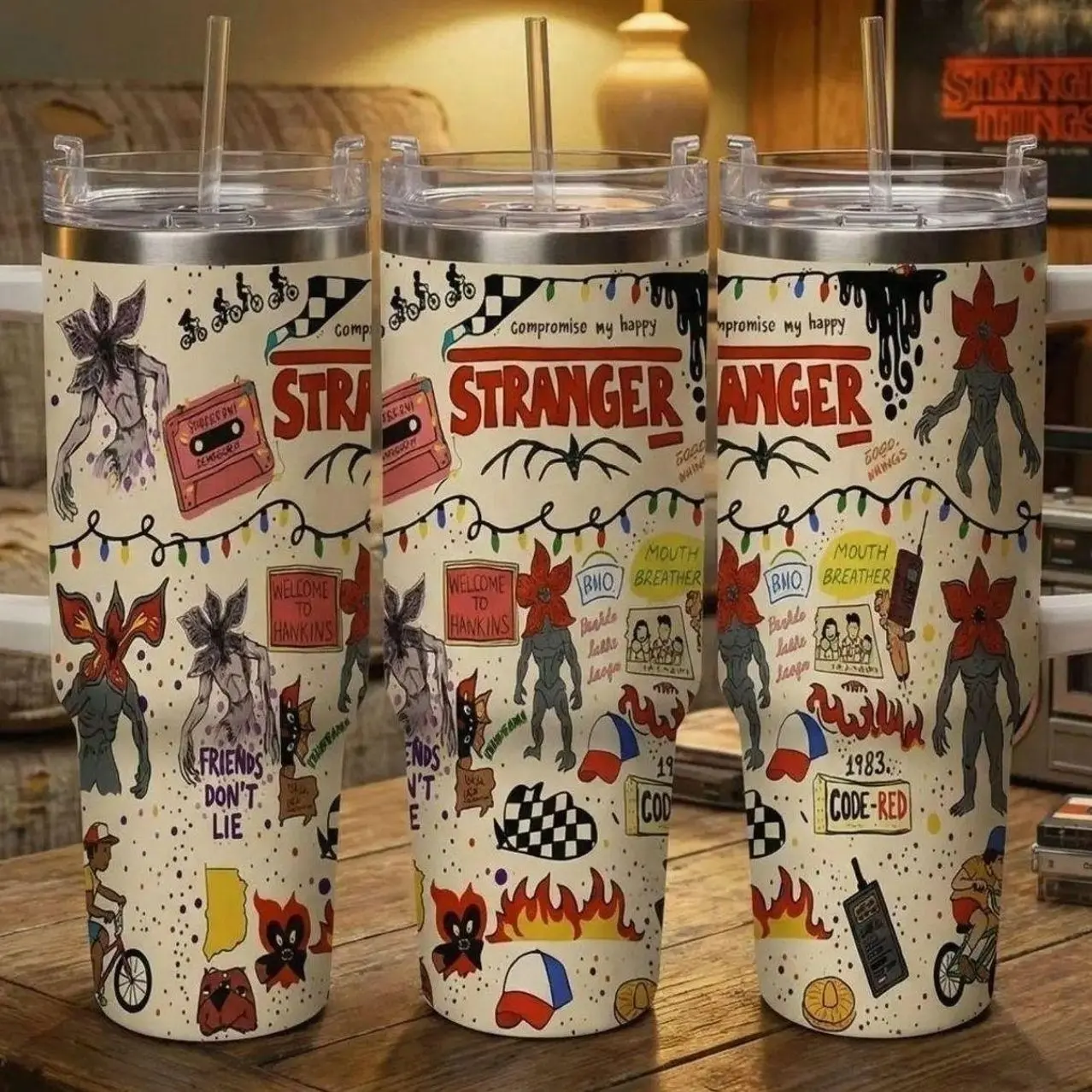 Stranger Inspired Theme Car 40oz Tumbler Vintage Cartoon Illustration Pattern Durable Stainless Steel Double Wall Insulated Leak Proof Easy Carry for Travel Camping Cycling Party Gift Use
