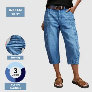 Flamingals Wash Pocket Side Mid Waist Barrel Leg Capri Jeans Womenswear Stretchy 18.9" Inseam