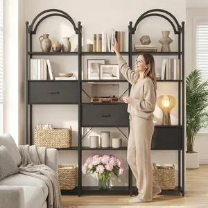 Large Arched Bookshelf with 3 Fabric Drawers – 6-Tier Open Shelves, Modern Design, Perfect for Living Room, Bedroom, or Home Office（Black)