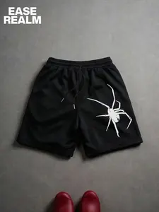 Spider Print Drawstring Shorts, American High Street Dark Style Five-Inch Pants, Subculture Street Casual Mid-Thigh Shorts