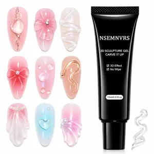 NSEMNVRS 3D Sculpture Gel, 15ml No Wipe Nail Art Sculpting Gel for 3D Designs, Strong Hold Non-Slump Clear Gel for Bows, Flowers, Shells, Water Drops, Chrome Powder & Nail Charms, UV/LED Lamp Needed