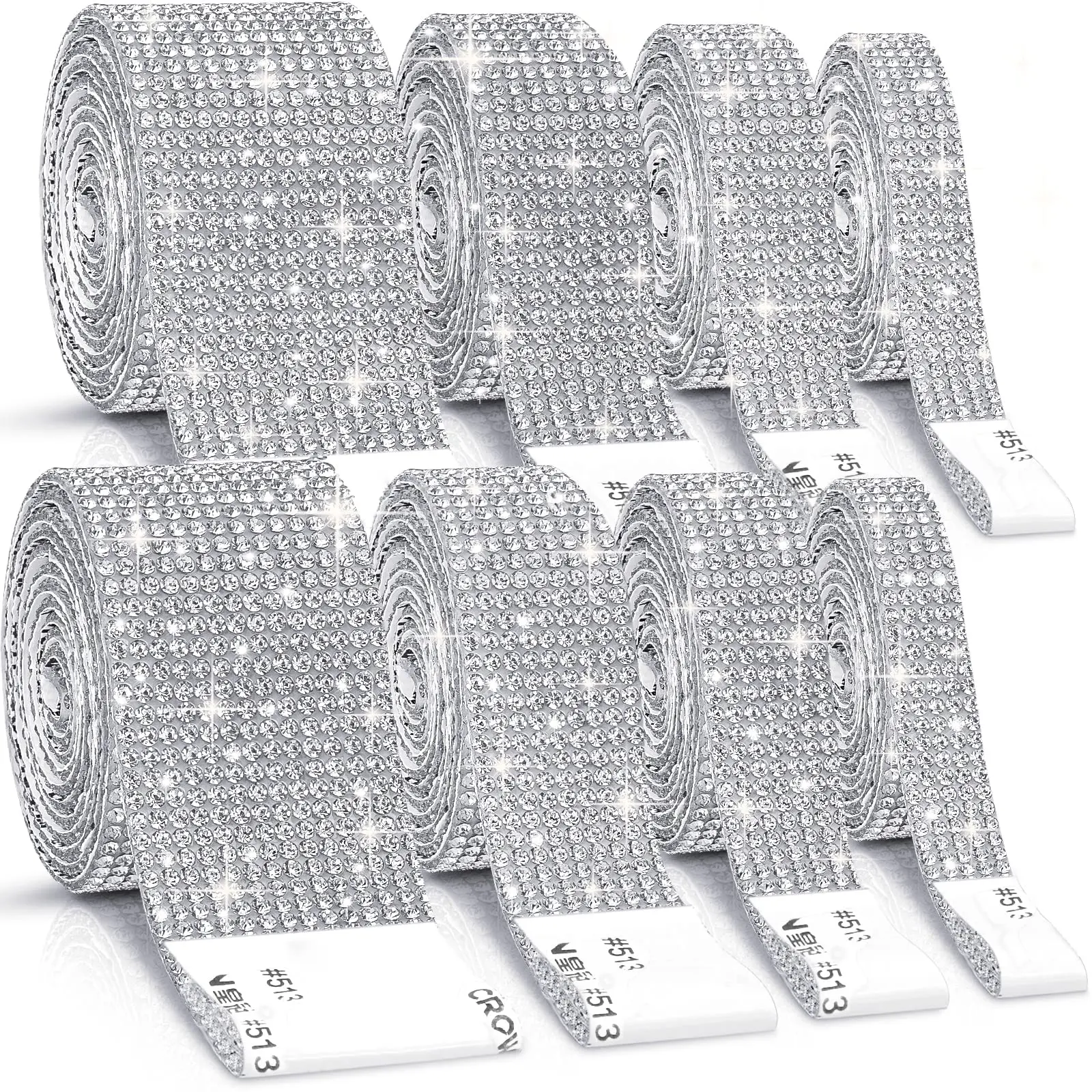 8 Rolls Rhinestone Ribbons Silver Self Adhesive 8 Yard Bling Crystal Diamond Sticker for Car DIY Crafts Wedding Decoration