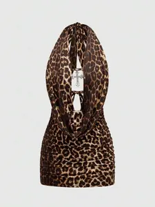 LUNIS Grunge Punk Spring/Summer Carnival Party Leopard Sexy Leopard Print Cross Pendant Draped Neck Backless Mini Dress