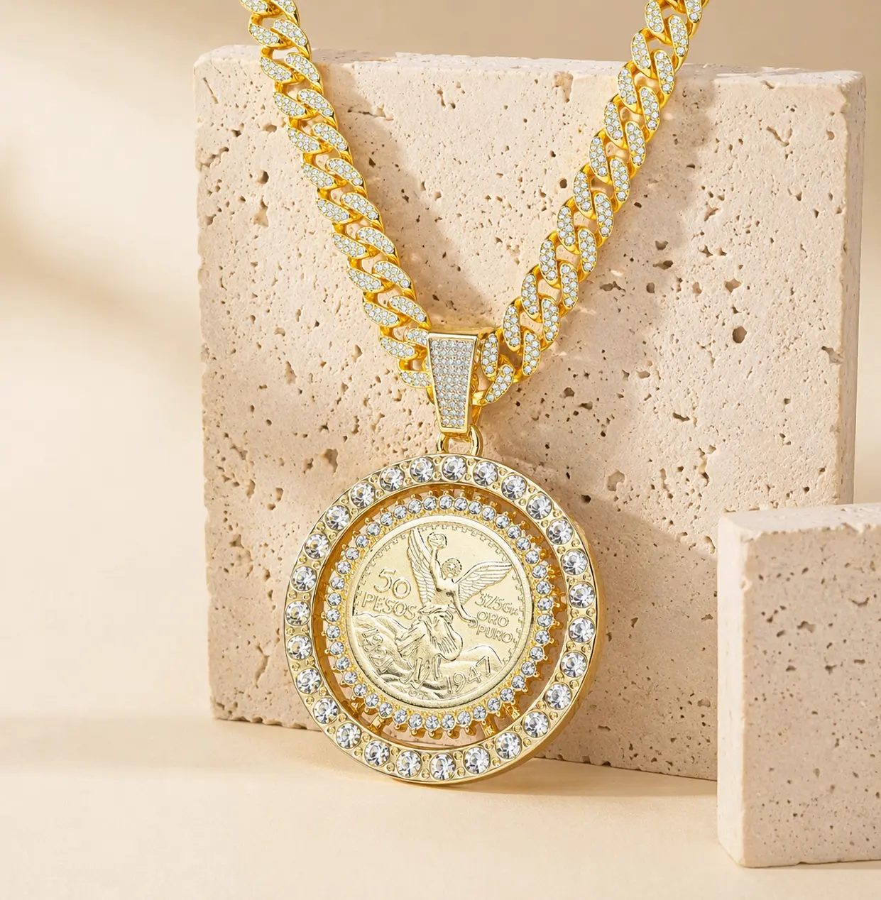 Mexican 50 Pesos 14K Gold Plated Centenario Pendant Necklace, Vintage Cuban Link Chain 20 Inch - Unisex Religious Symbol Jewelry, Zinc Alloy Luxurious Gold Finish Gift for Men Women,big fella chain,other pov necklace