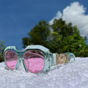 Clear Blue Frames Pink Transparent Glasses Lens Gold Accent Frames Gold Accessories Block Square Shades, Vintage Golden Design accent, Luxury Style Accessories