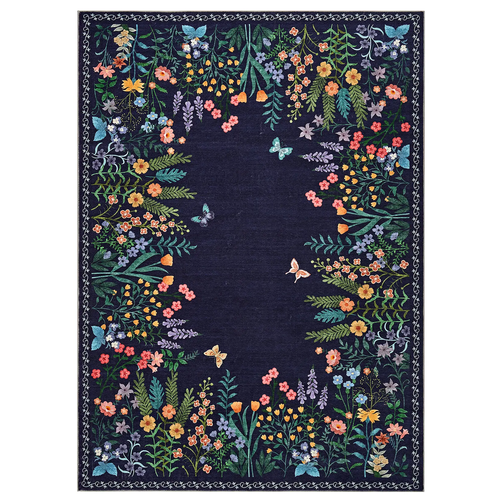 Large 10x13ft Washable Area Rug | Non-Slip Soft Floral Botanical Carpet | Stylish Blue Decor Rug for Living Room, Bedroom and Dining Room Home Decor