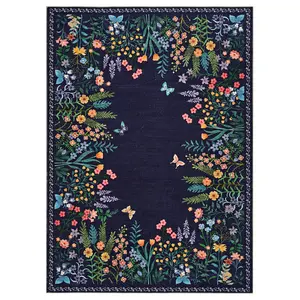 Large 10x13ft Washable Area Rug | Non-Slip Soft Floral Botanical Carpet | Stylish Blue Decor Rug for Living Room, Bedroom and Dining Room Home Decor