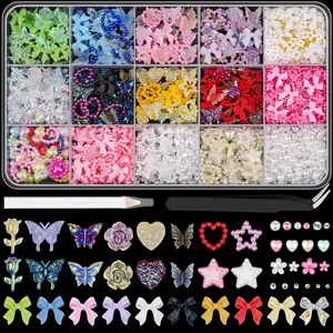 3D Nail Charms Coquette Nails Design Set 1, Colorful Nail Bows + Assorted Heart Star Rose Butterfly Cute Nail Jewels + 3D Flower Charms Nails Pearls