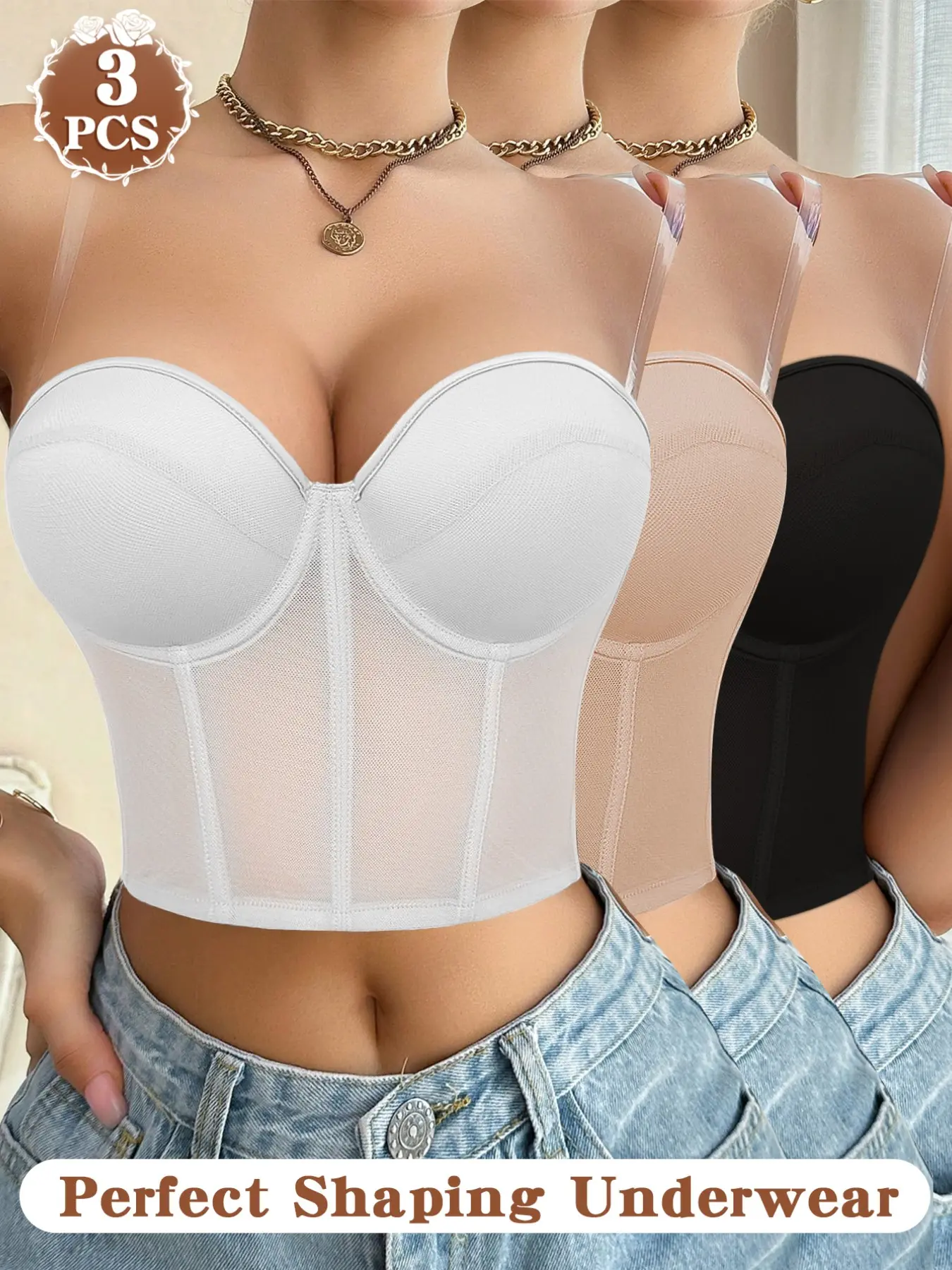 3PCS Women's Underwire shaping Shapewear Everyday Bra,Push Up Anti‑sagging Side & Tummy Smoothing Detachable Straps Supportive Slimming Elegant suitable for off-shoulder Dresses Underwear