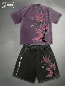 Vintage Washed Black 2 Piece Outfit Japanese Cherry Blossom Sakura Butterfly Graphic Oversized T Shirt and Shorts Set, Casual Streetwear Tracksuit with Kanji Print for Men Women, Loose Fit Summer Aesthetic OOTD