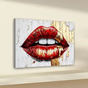 1pc Wooden Framed, Contemporary Red, Gold Abstract Metallic Lips Canvas Wall Art Print ,Modern Pop Red and Gold Lips Art Poster Print Wall Pictures, Ideal For Bathroom, Bedroom, Office, Living Room, Wall, Room, Home Decoration, Abstract Art Design
